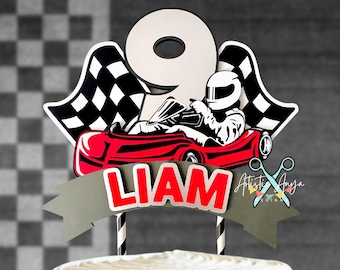 GoKart Racing Cake Topper - Racing Themed Birthday - Party Decorations - Red Black White Silver