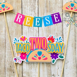 Taco Cake Bunting Topper with Taco TWOsday Cake Topper 2 pc set Fiesta Floral Birthday Smash Cake Pink, Yellow, Teal, Blue, Purple image 3