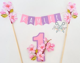 Cherry Blossom Cake Bunting Topper and Age Cake Topper (2 pc set) - Floral Cake Topper - Pink Blossoms