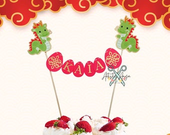 Year of the Dragon 2024 - Personalized Cake Bunting Topper - Red Egg and Ginger Party - 100 Days – Red and Gold