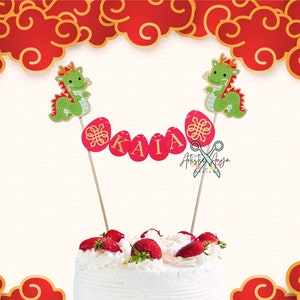 Year of the Dragon 2024 - Personalized Cake Bunting Topper - Red Egg and Ginger Party - 100 Days – Red and Gold