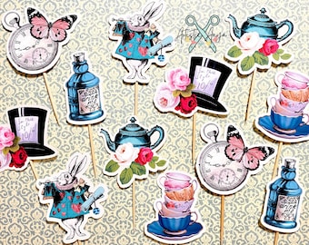 Vintage Alice in Wonderland Cupcake Toppers - Set of 12 - Alice in Wonderland Decorations