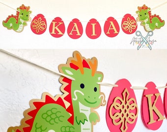 Year of the Dragon Banner 2024 - Red Egg and Ginger Party - 100 Days - Personalized Custom Name Banner - Red and Gold