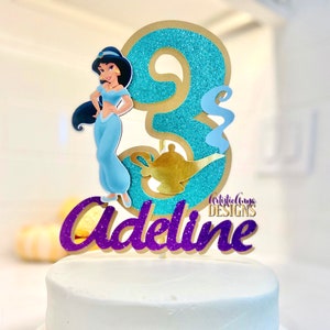 Princess Jasmine Cake Topper - Aladdin Themed Birthday - Genie Lamp - Aqua Purple Gold