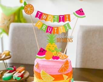 TWO-tti Frutti Cake Bunting Topper with Fruit Cake Topper- (2 pc set) Tutti Frutti Birthday Smash Cake - Pink, Orange, Yellow, Lime Green