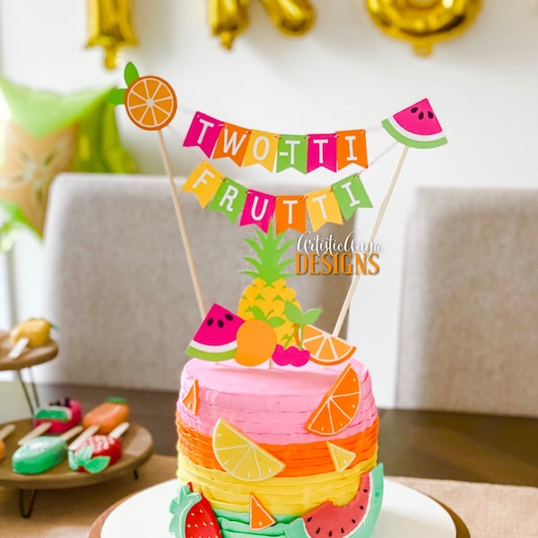 TWO-tti Frutti Cake Bunting Topper with Fruit Cake Topper- (2 pc set) Tutti Frutti Birthday Smash Cake - Pink, Orange, Yellow, Lime Green