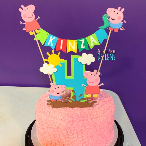 Peppa Pig and George Bunting Topper with Age Muddy Puddles Cake Topper- (2 pc set) Peppa Pig Boy Birthday Smash Cake