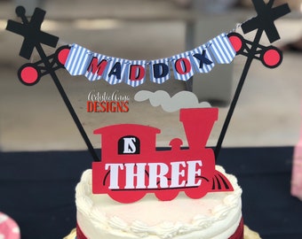 Railroad Personalized Cake Bunting Topper with Vintage Red Train Cake Topper- Chugga Chugga Two Two Birthday Smash Cakes