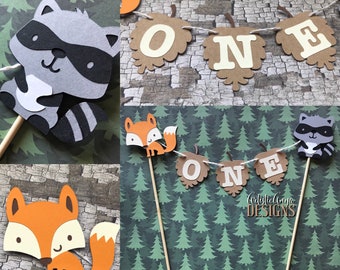 Woodland Cake Bunting Topper - Smash Cake - Woodland Animal Themed Birthday -Forest Party Decorations - Fox Raccoon Pinecone