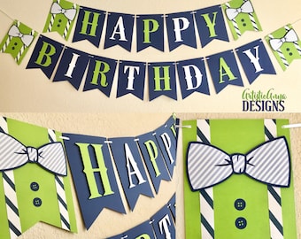 Little Man Bow Tie Banner - Little Gentleman Birthday - Navy Blue Mint Green Lime Green