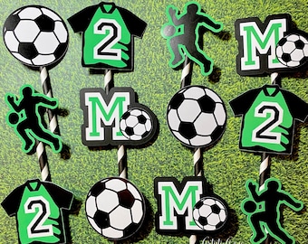 Soccer Theme Initial and Age Cupcake Toppers - Set of 12 - Soccer Party - Soccer Birthday Decorations