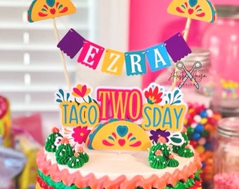 Taco Cake Bunting Topper with Taco TWOsday Cake Topper- (2 pc set) Fiesta Floral Birthday Smash Cake - Pink, Yellow, Teal, Blue, Purple