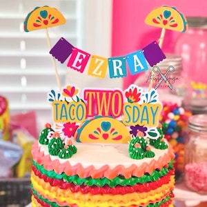 Taco Cake Bunting Topper with Taco TWOsday Cake Topper 2 pc set Fiesta Floral Birthday Smash Cake Pink, Yellow, Teal, Blue, Purple image 1