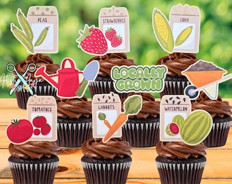 Locally Grown Theme Cupcake Toppers - Set of 12 - Farmer’s Marker or Garden Theme Party