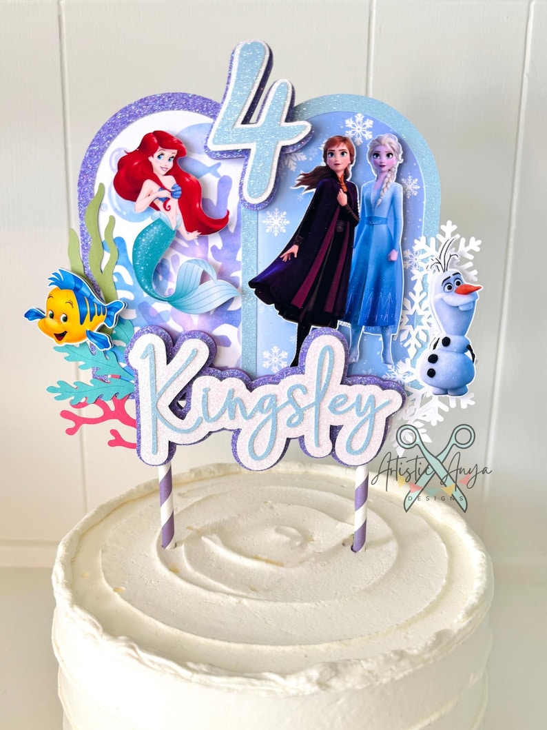 Little Mermaid & Frozen Glitter Cake Topper - Princess Ariel, Anna and Elsa Party Decorations - Light Blue and Lavender zdjęcie 1