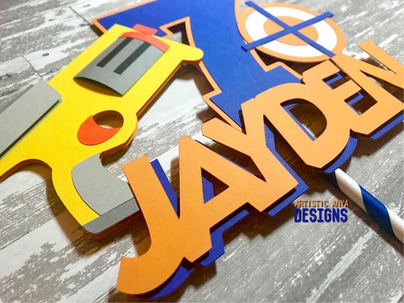 Dart Gun Cake Topper - Blue and Orange Party Decorations - Gun War Birthday Party