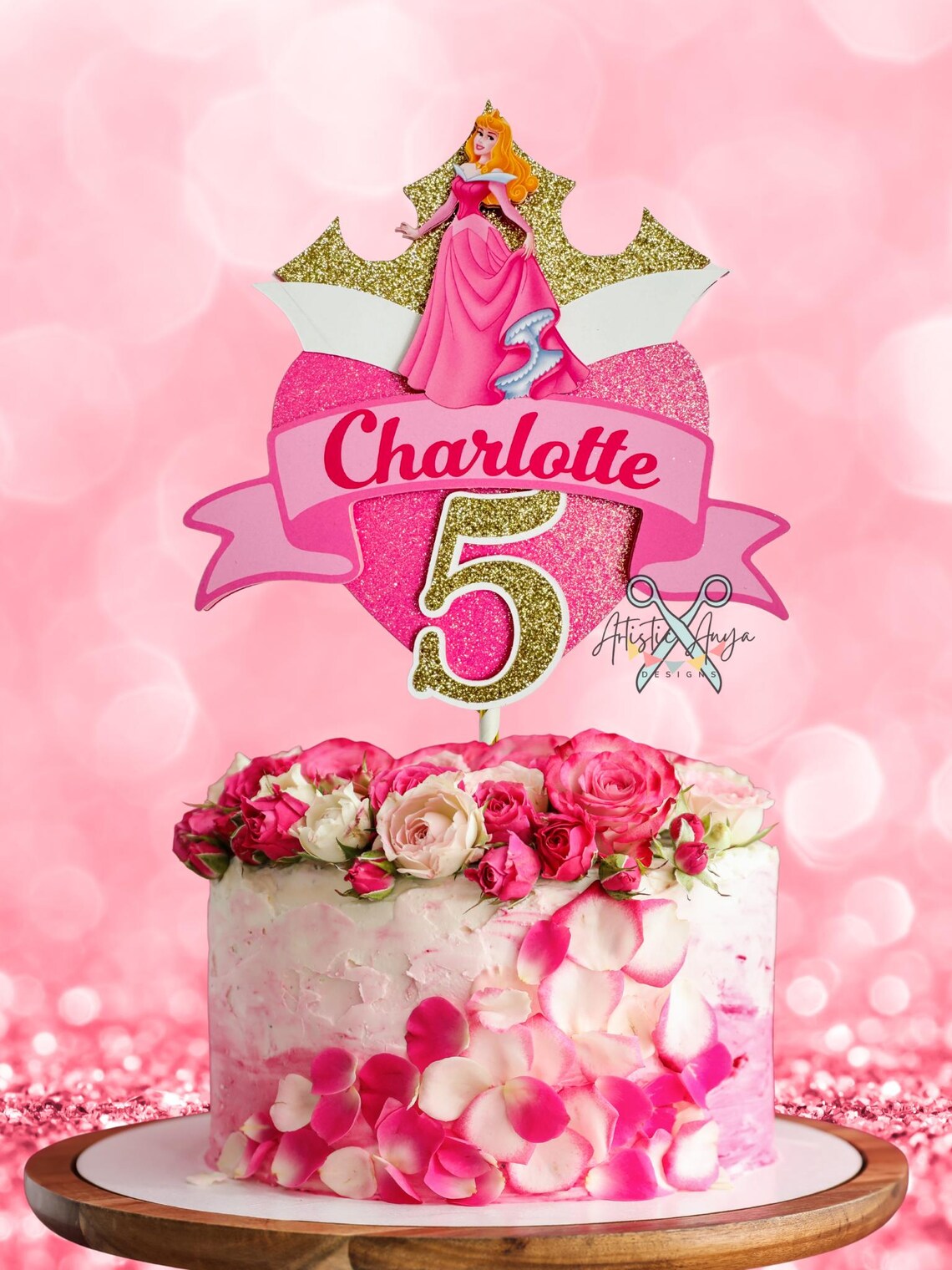Sleeping Beauty Gold Glitter Crown Pink Heart Cake Topper - Princess ...