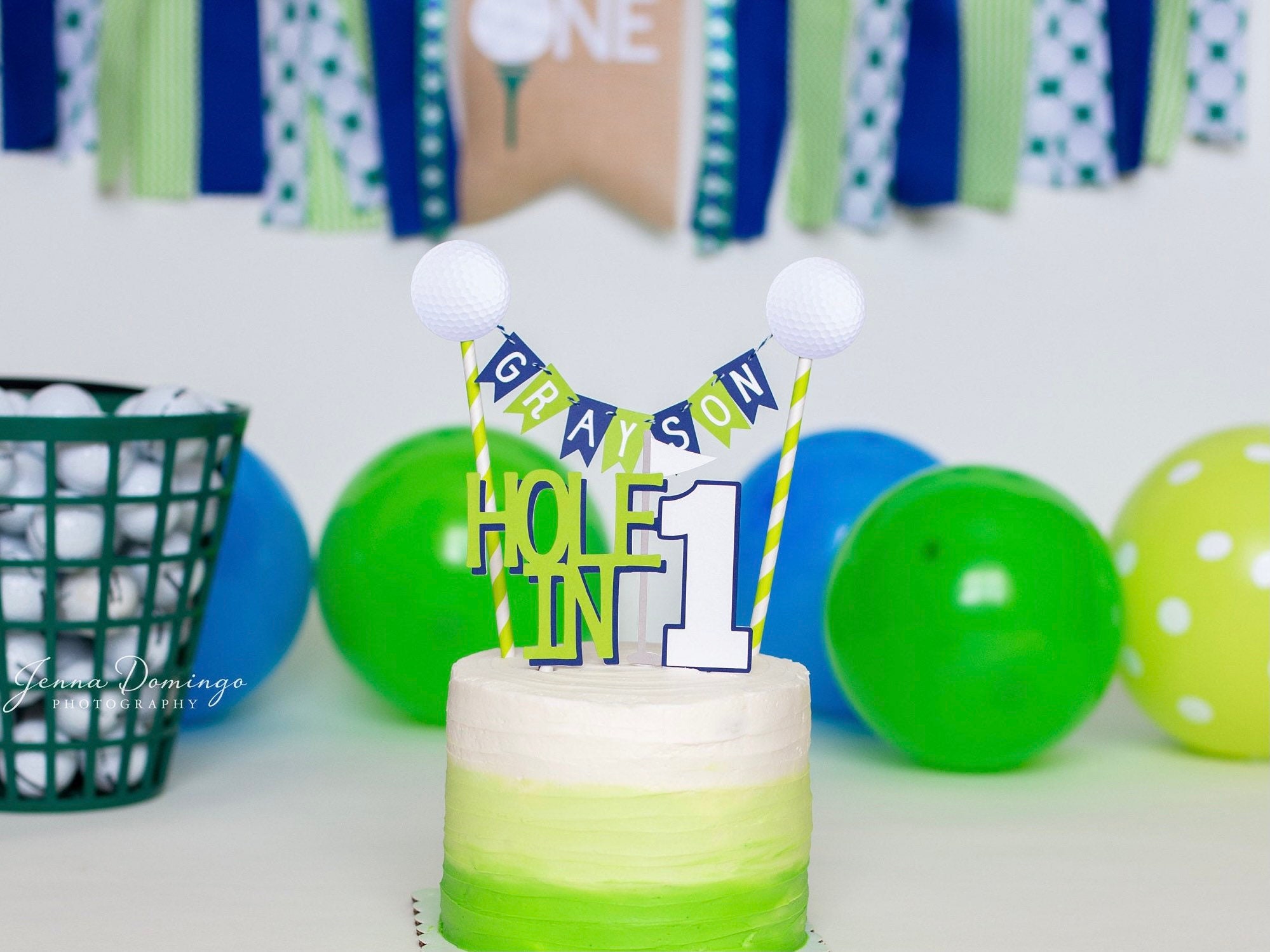 Golf Ball Cake Bunting Topper & Hole-in-1 Cake Topper (2 Pc Set) Little Golfer 1st Birthday Party - Baby Blue Lime Green
