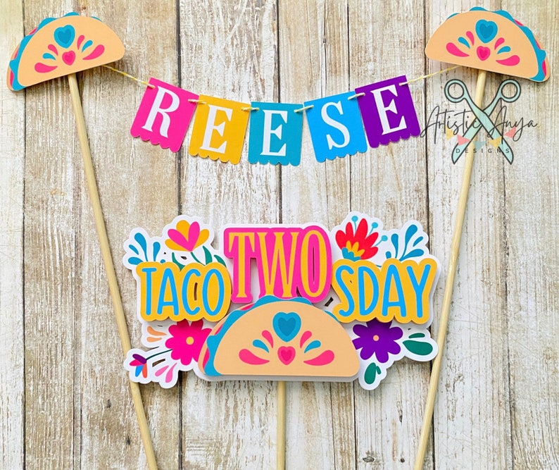 Taco Cake Bunting Topper with Taco TWOsday Cake Topper 2 pc set Fiesta Floral Birthday Smash Cake Pink, Yellow, Teal, Blue, Purple image 3