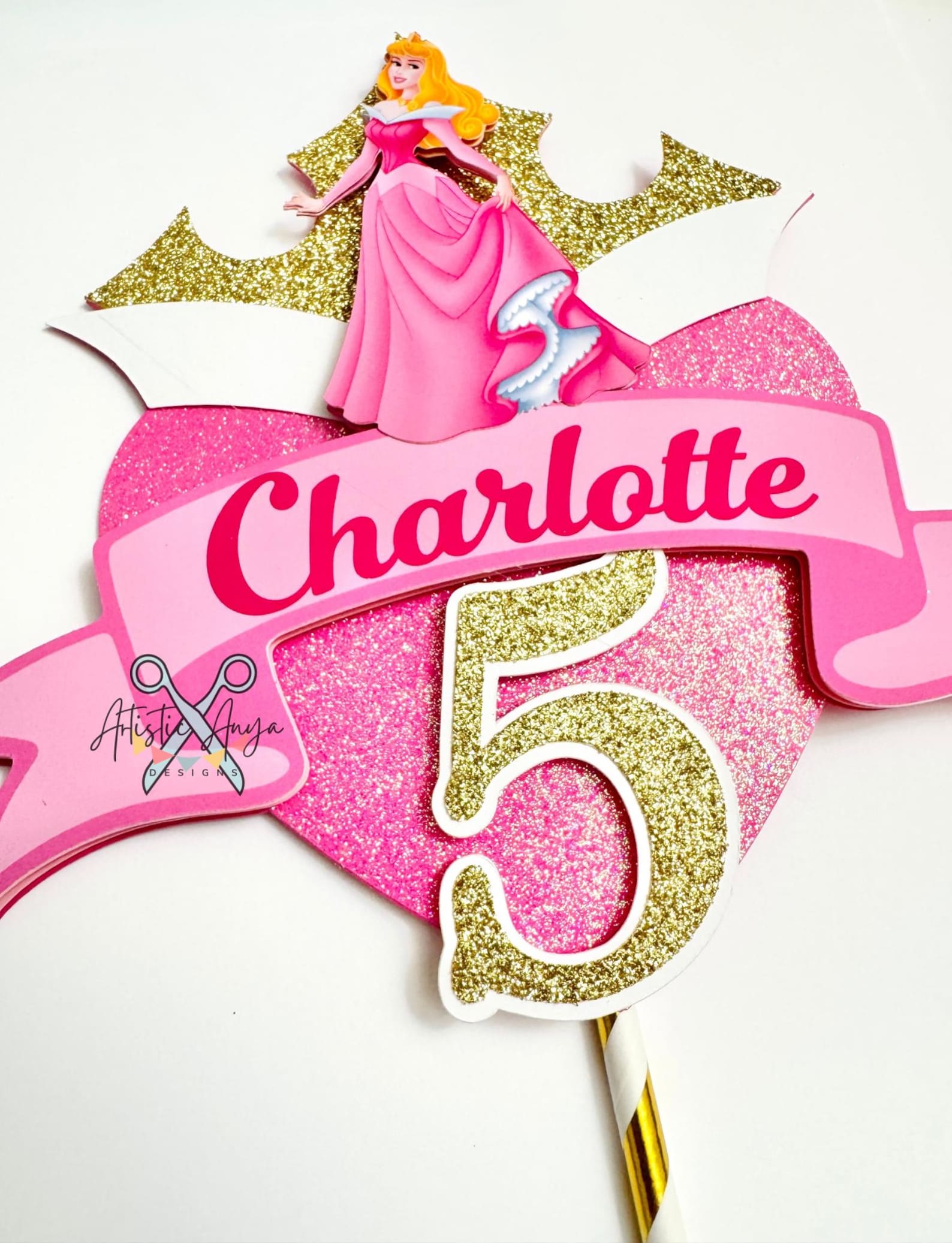 Sleeping Beauty Gold Glitter Crown Pink Heart Cake Topper - Princess ...