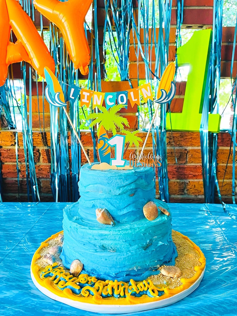 Surf Cake Bunting Topper with Age Surf Board Cake Topper 2 pc set Surfer Boy Birthday Smash Cake Blue, Aqua, Orange, Green Yellow image 4