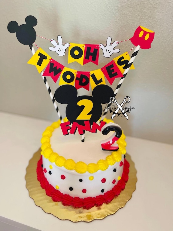 Mickey Mouse Birthday Age Cake Bunting Topper - Oh Two-dles Smash Cake - Red Yellow Black White