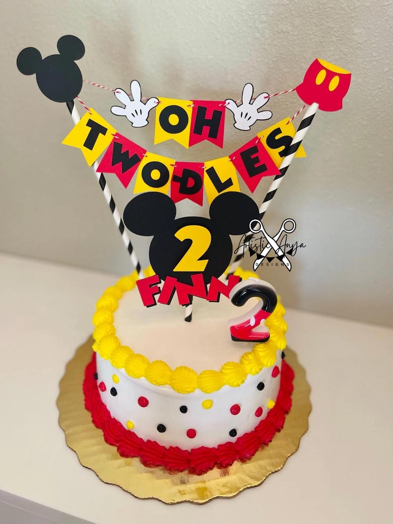 Mickey Mouse Birthday Age Cake Bunting Topper - Oh Two-dles Smash Cake - Red Yellow Black White bild 1