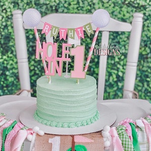Golf Ball Cake Bunting Topper & Hole-in-1 Cake Topper (2 Pc Set) Little Girl Golfer 1st Birthday Party - Pink Lime Green