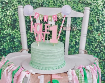 Golf Ball Cake Bunting Topper & Hole-in-1 Cake Topper (2 Pc Set) Little Girl Golfer 1st Birthday Party - Pink Lime Green