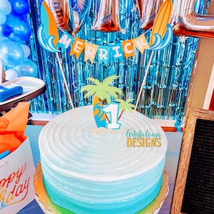 Surf Cake Bunting Topper with Age Surf Board Cake Topper 2 pc set Surfer Boy Birthday Smash Cake Blue, Aqua, Orange, Green Yellow image 9