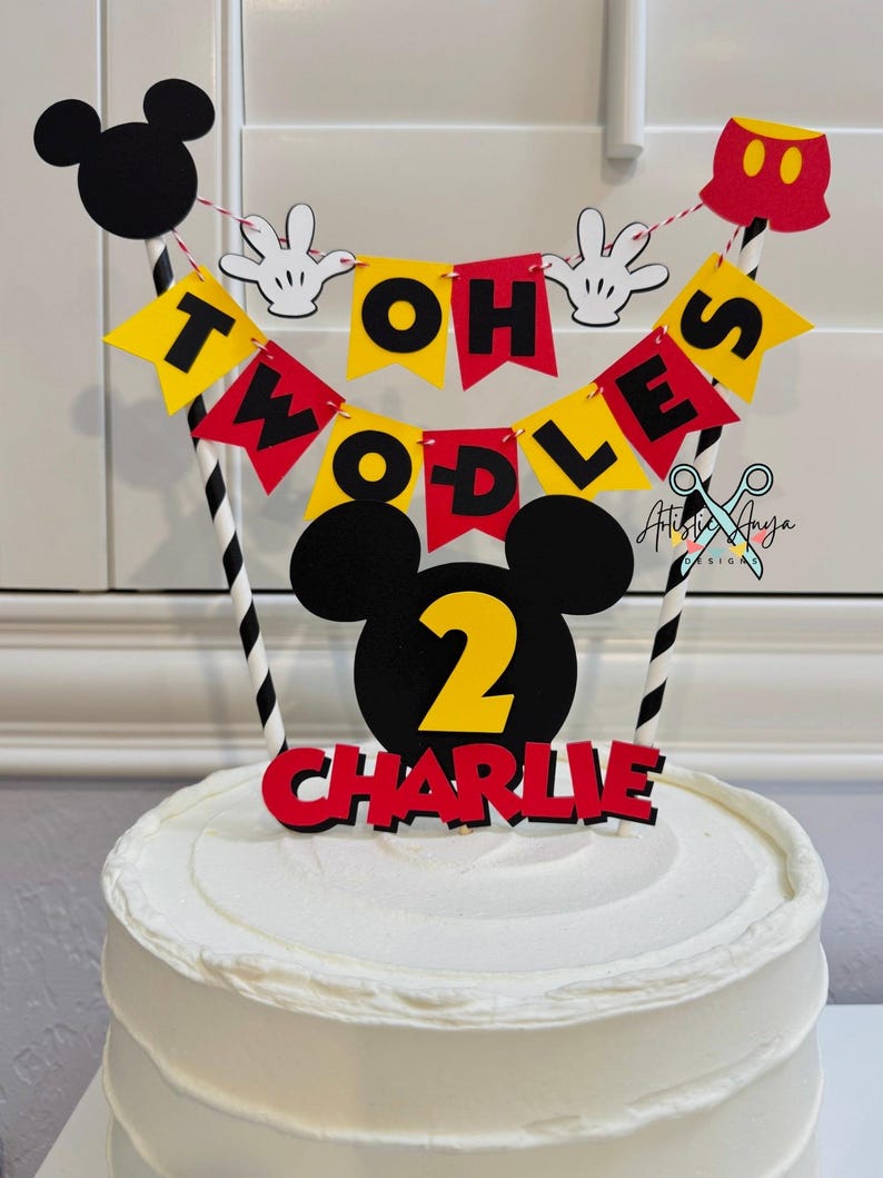 Mickey Mouse Birthday Age Cake Bunting Topper - Oh Two-dles Smash Cake - Red Yellow Black White bild 7