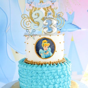 Cinderella Gold Glitter Carriage Cake Topper Princess Party Decorations Personalized Cake Topper Pink and Light Blue image 3