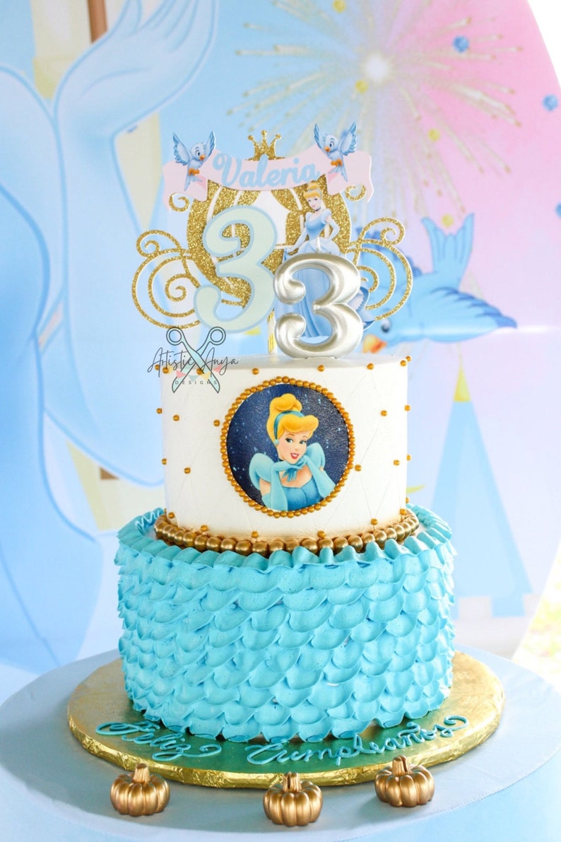 Cinderella Gold Glitter Carriage Cake Topper Princess Party Decorations Personalized Cake Topper Pink and Light Blue image 3