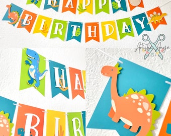 Dinosaur Banner - Dino Themed Birthday - Orange Yellow Blue Green