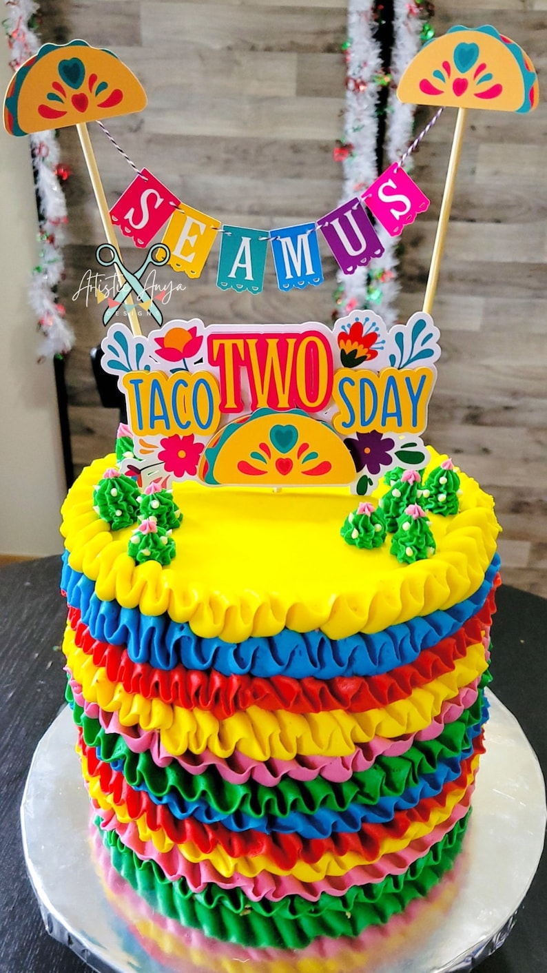 Taco Cake Bunting Topper with Taco TWOsday Cake Topper 2 pc set Fiesta Floral Birthday Smash Cake Pink, Yellow, Teal, Blue, Purple image 5