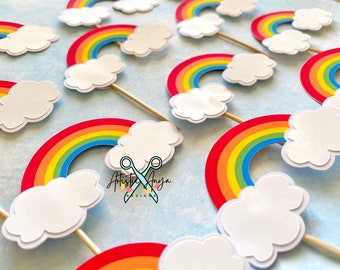 Rainbow with White Glossy Clouds Cupcake Toppers - Set of 12 - Rainbow Birthday