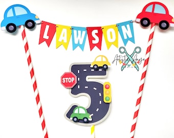 Cars Bunting Topper with Age Street Cake Topper- (2 pc set) Cars Birthday Smash Cake