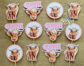 PINK Highland Cow Cupcake Toppers with Personalized Name - Set of 12 - Pink and White Baby Shower Decorations