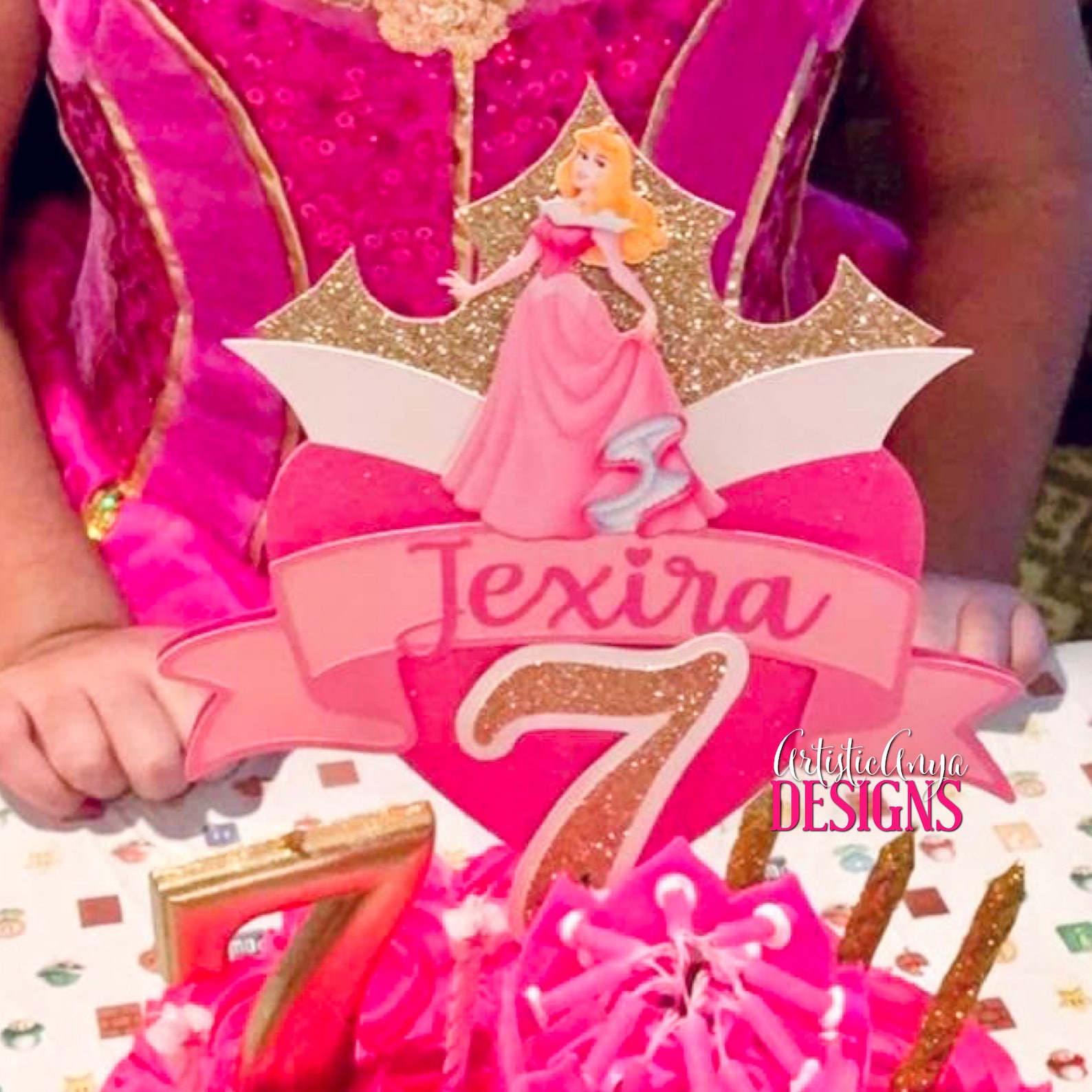 Sleeping Beauty Gold Glitter Crown Pink Heart Cake Topper - Princess ...