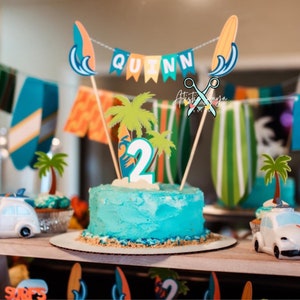 Surf Cake Bunting Topper with Age Surf Board Cake Topper 2 pc set Surfer Boy Birthday Smash Cake Blue, Aqua, Orange, Green Yellow image 2