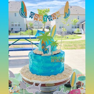 Surf Cake Bunting Topper with Age Surf Board Cake Topper 2 pc set Surfer Boy Birthday Smash Cake Blue, Aqua, Orange, Green Yellow image 5