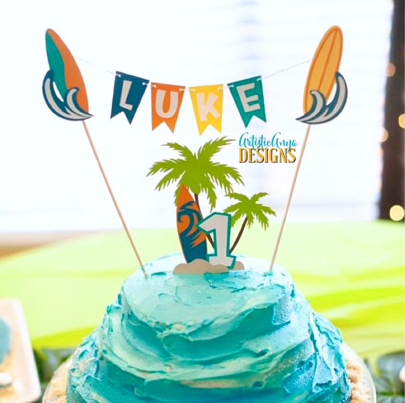 Surf Cake Bunting Topper with Age Surf Board Cake Topper 2 pc set Surfer Boy Birthday Smash Cake Blue, Aqua, Orange, Green Yellow image 3