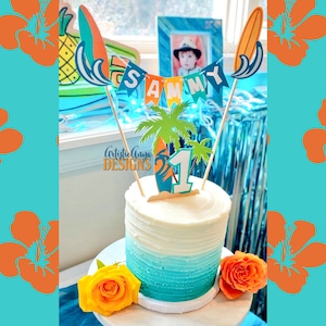 Surf Cake Bunting Topper with Age Surf Board Cake Topper 2 pc set Surfer Boy Birthday Smash Cake Blue, Aqua, Orange, Green Yellow image 1