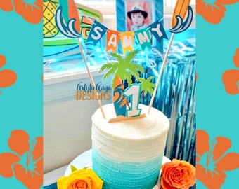 Surf Cake Bunting Topper with Age Surf Board Cake Topper- (2 pc set) Surfer Boy Birthday Smash Cake - Blue, Aqua, Orange, Green Yellow