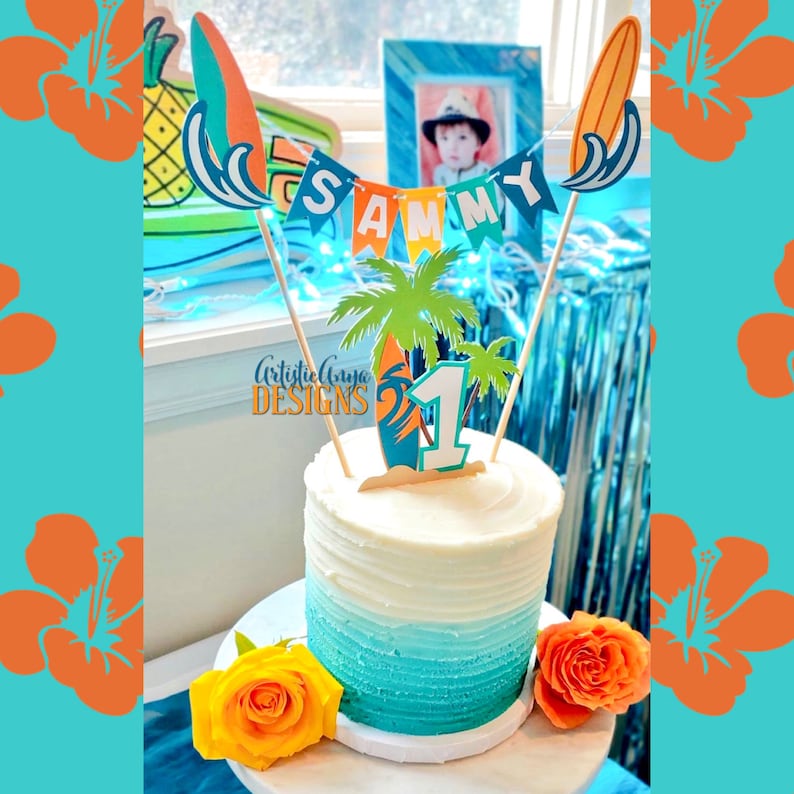 Surf Cake Bunting Topper with Age Surf Board Cake Topper 2 pc set Surfer Boy Birthday Smash Cake Blue, Aqua, Orange, Green Yellow image 1