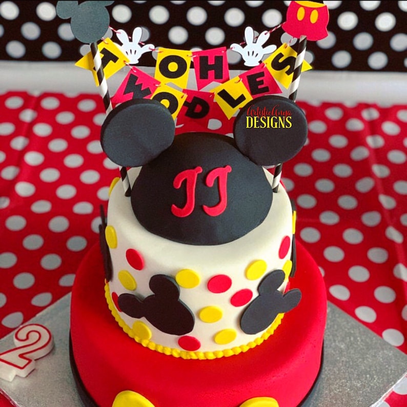 Mickey Mouse Birthday Age Cake Bunting Topper - Oh Two-dles Smash Cake - Red Yellow Black White bild 6