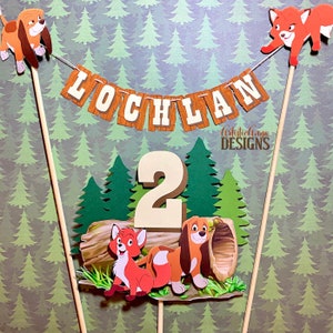 Fox and the Hound Bunting Topper with Age Log Cake Topper- (2 pc set) Fox and the Hound Birthday Smash Cake