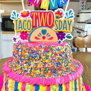 Taco Cake Bunting Topper with Taco TWOsday Cake Topper 2 pc set Fiesta Floral Birthday Smash Cake Pink, Yellow, Teal, Blue, Purple image 9