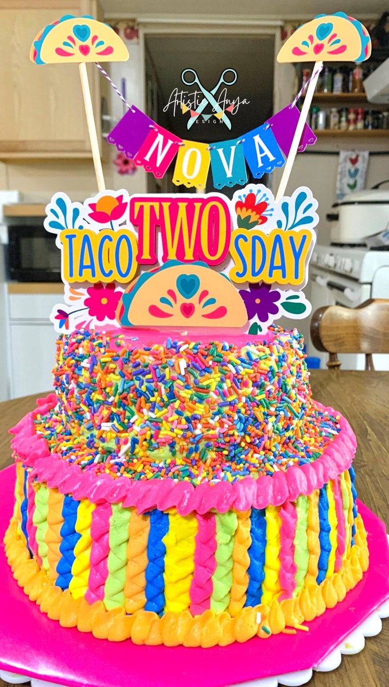 Taco Cake Bunting Topper with Taco TWOsday Cake Topper 2 pc set Fiesta Floral Birthday Smash Cake Pink, Yellow, Teal, Blue, Purple image 9
