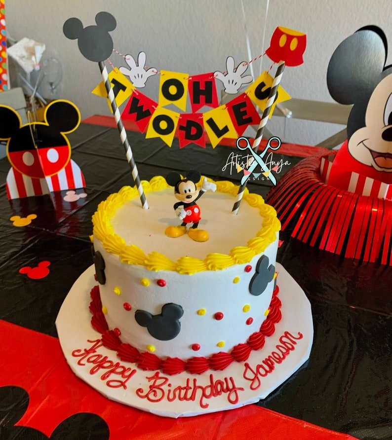 Mickey Mouse Birthday Age Cake Bunting Topper - Oh Two-dles Smash Cake - Red Yellow Black White bild 3